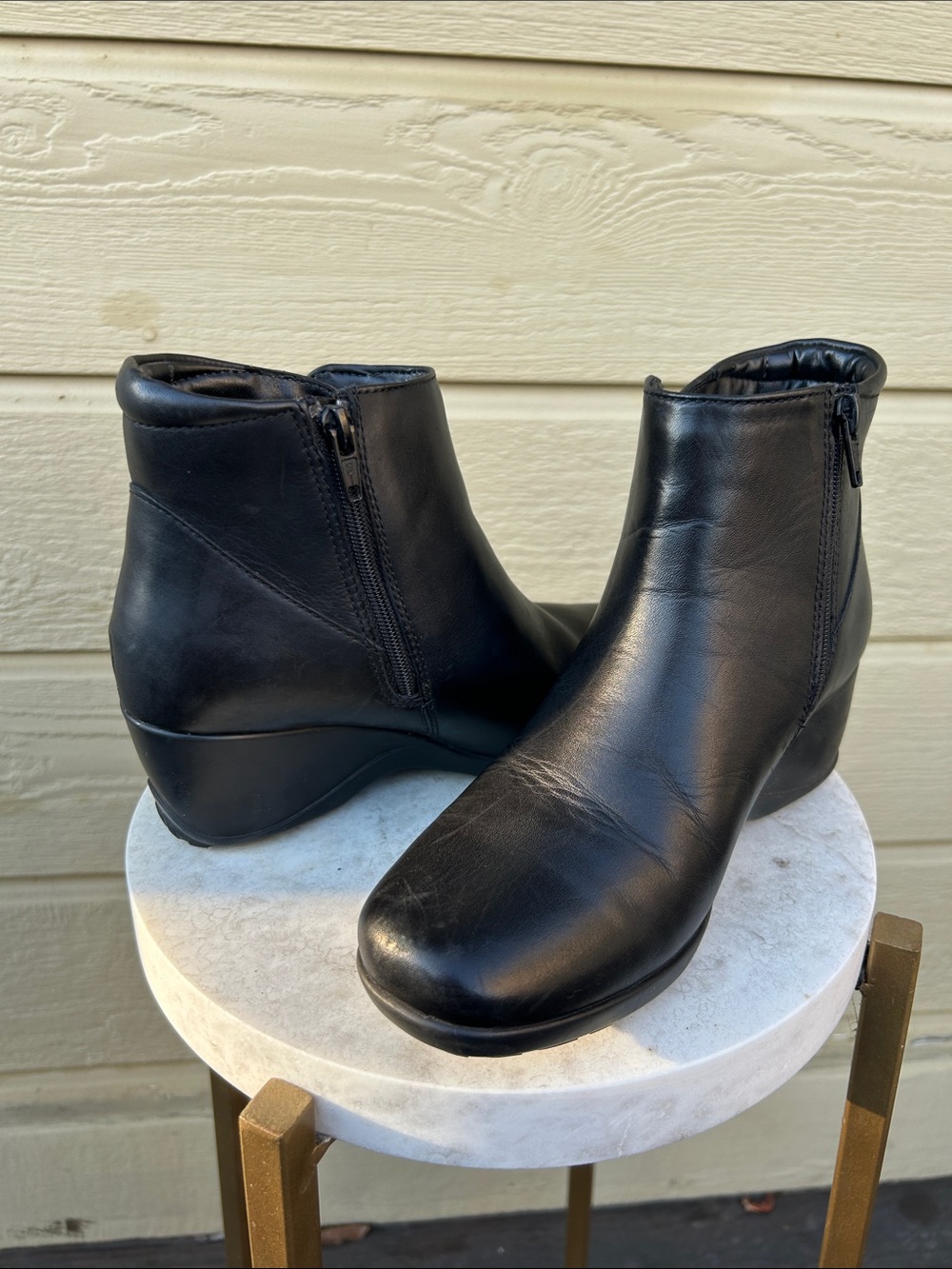 Women's Black Leather Wedge Ankle Boots - Classic Side Zip
